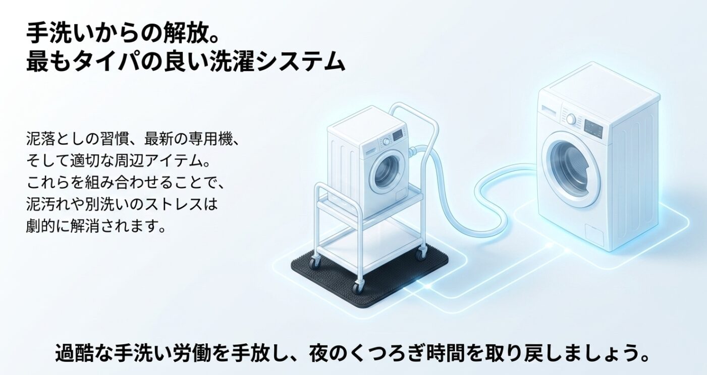 最新の専用機や周辺アイテムを組み合わせて、家事の時間を短縮するイメージ図です。