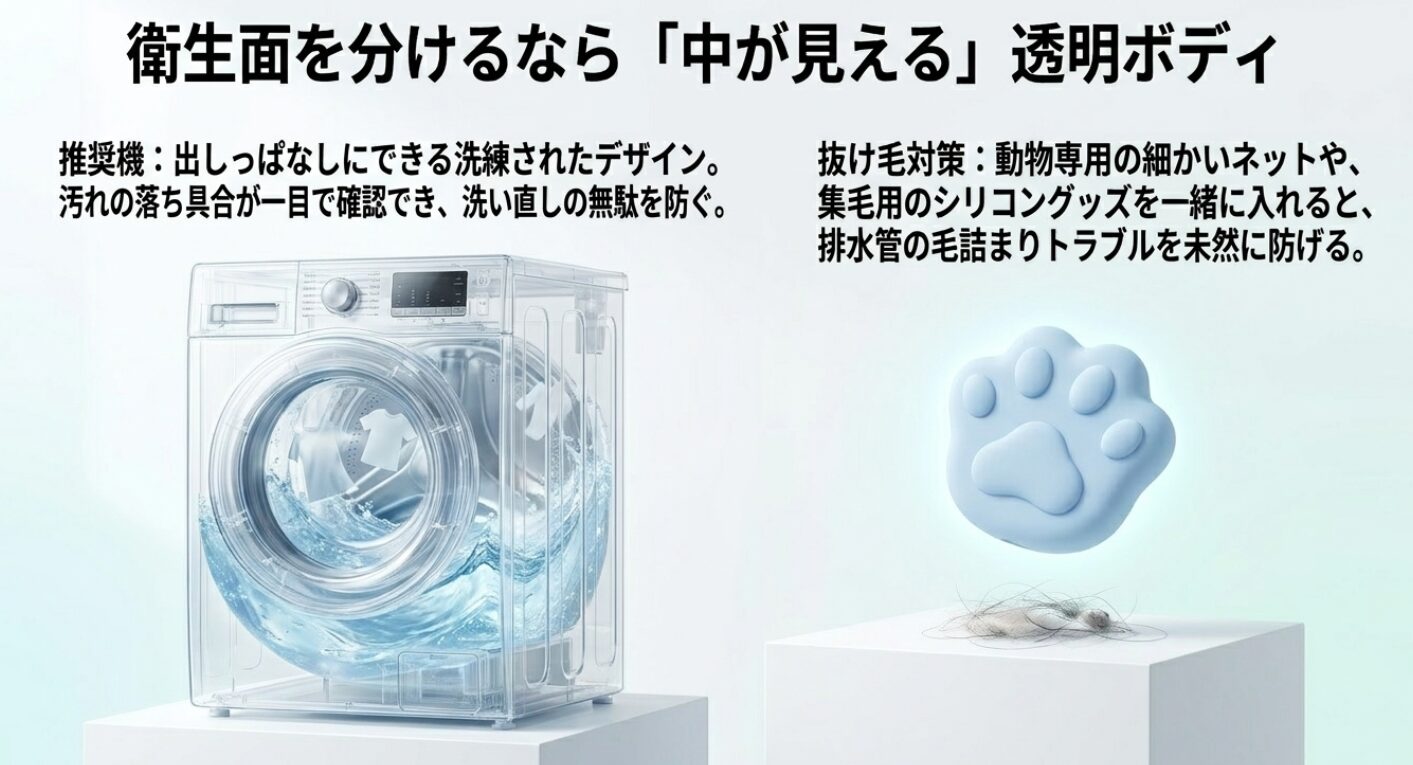 中が見えるデザインの利点と、ペットの毛対策用の集毛グッズの使用例です。