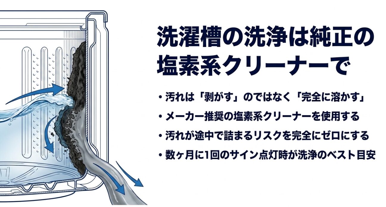 洗濯槽の壁面から黒い汚れが溶け出して配管へ流れていくイラストが描かれており、「汚れは『剥がす』のではなく『完全に溶かす』」「メーカー推奨の塩素系クリーナーを使用する」「汚れが途中で詰まるリスクを完全にゼロにする」「数ヶ月に1回のサイン点灯時が洗浄のベスト目安」という特徴が記載されたスライド画像です。