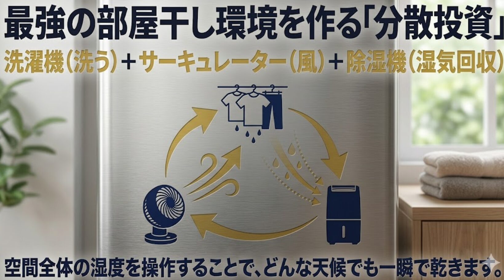洗濯機で洗い、サーキュレーターで風を送り、除湿機で湿気を回収する最強の部屋干し環境のサイクル図