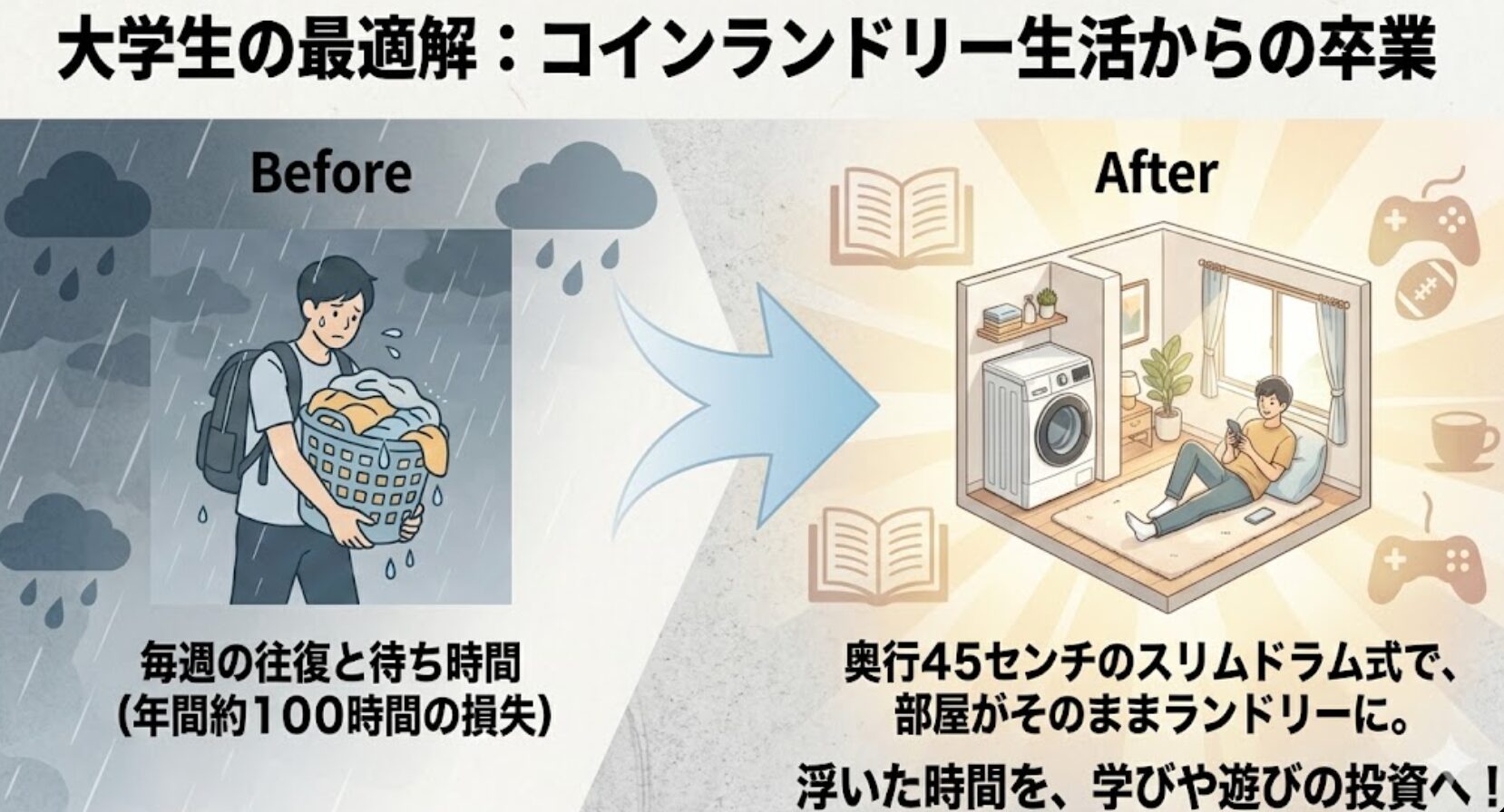 コインランドリーへの往復で年間100時間を損失しているBeforeと、スリムドラム式導入後のAfterを比較したスライド