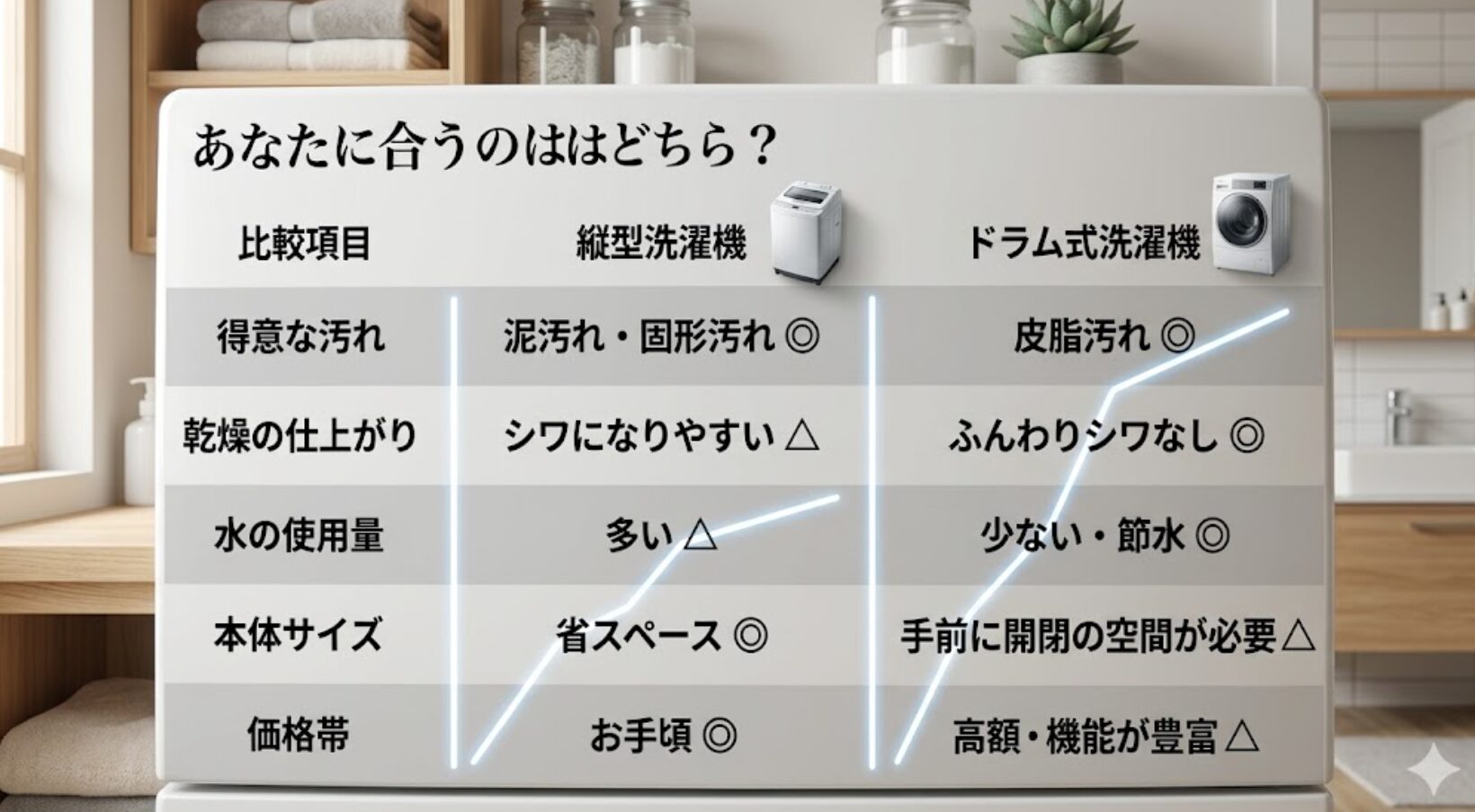 縦型とドラム式の得意な汚れや乾燥の仕上がり、設置サイズ、価格帯などの主要な違いをまとめた比較表です 。