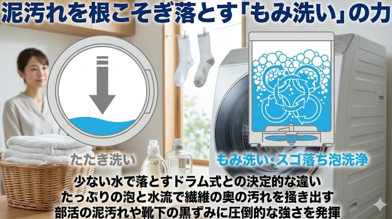 ドラム式の「たたき洗い」と縦型の「もみ洗い」の違いの比較図。たっぷりの泡と水流で泥汚れを落とすイメージ。