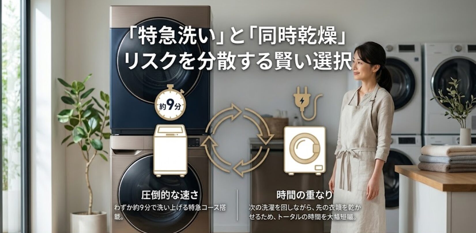 わずか約9分で洗い上げる特急コースと、次の洗濯を回しながら乾燥を行う時間短縮のサイクル図