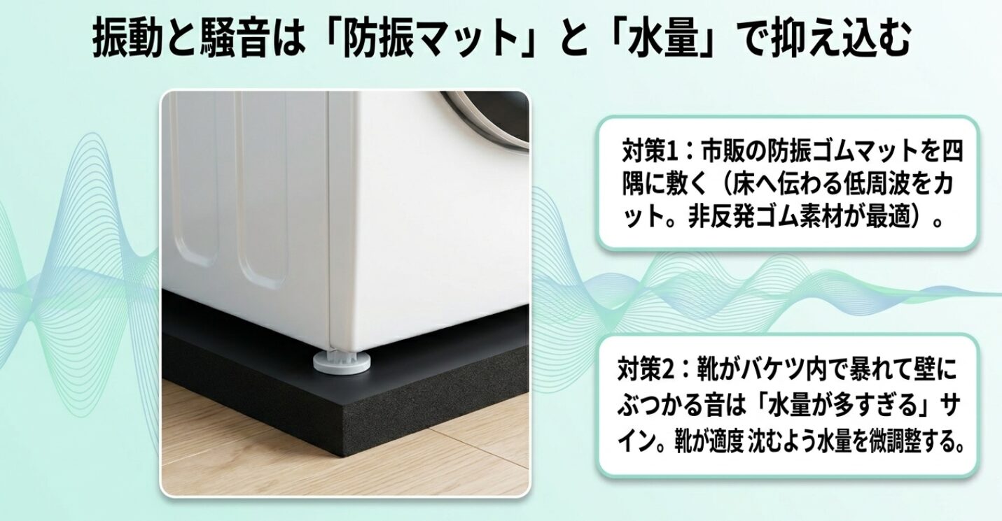 本体の四隅に防振マットを敷く様子と、適切な水位調整による消音効果の解説です。