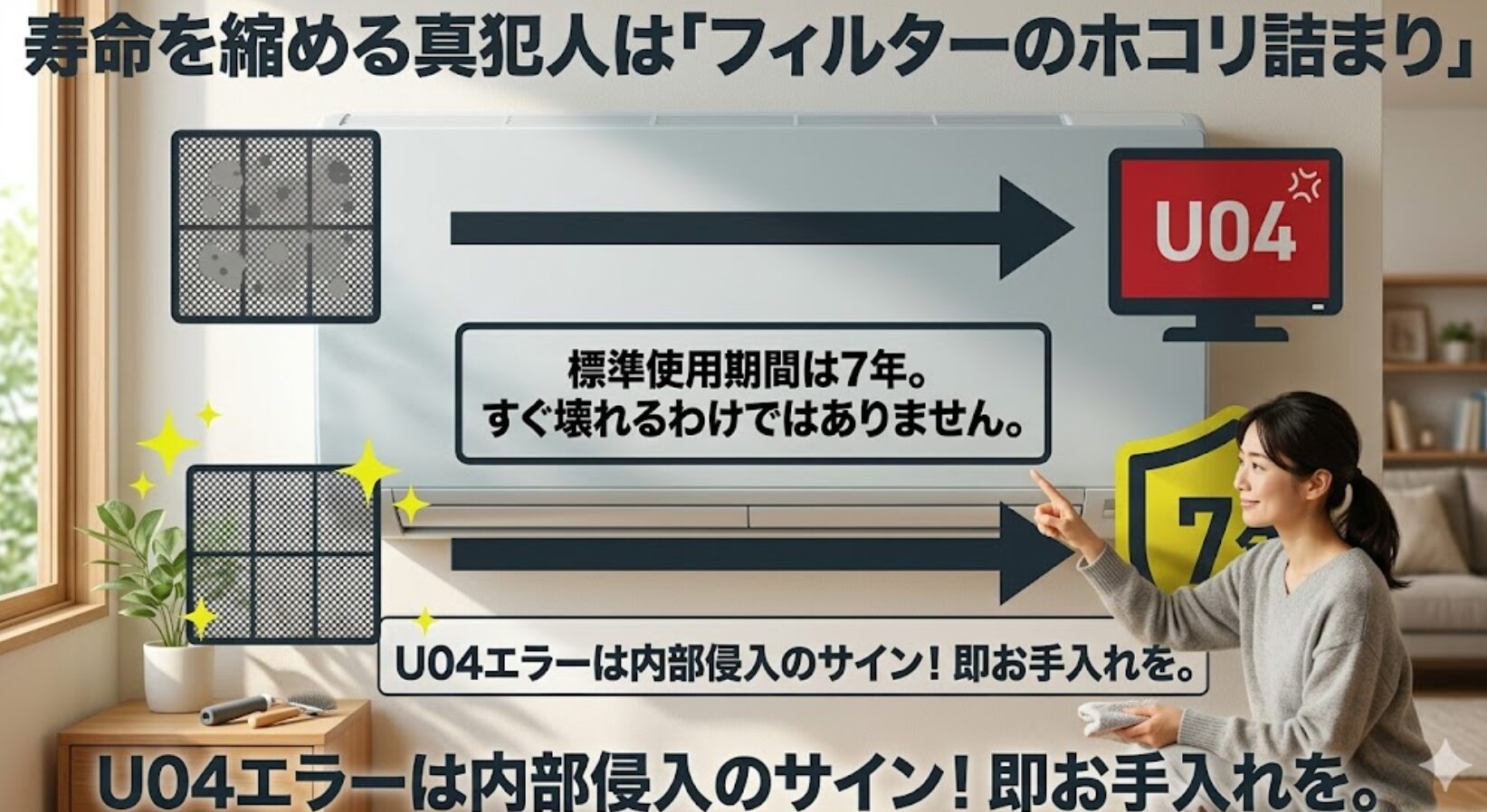 標準使用期間は7年であり寿命を縮める真犯人はフィルターのホコリ詰まりであることの解説