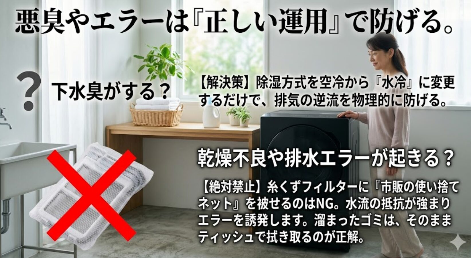 下水臭を避けるための水冷方式の設定や、糸くずフィルターへのネット使用禁止といった正しいメンテナンス方法をまとめています 。