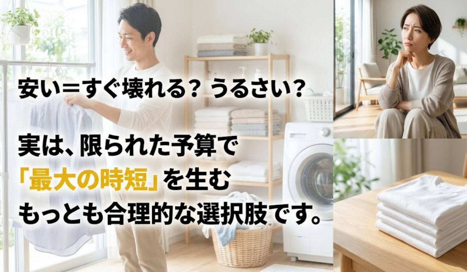 安いと壊れやすいのかという不安に対し、実は予算内で最大の時短を生む合理的な選択肢であることを説明する画像