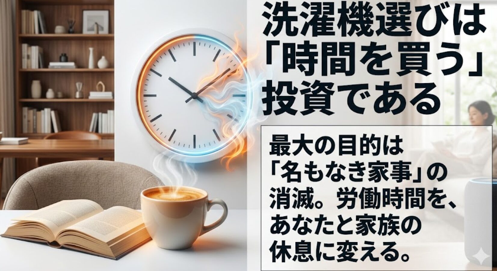 洗濯機選びは時間を買う投資であり、最大の目的は名もなき家事の消滅と労働時間を休息に変えることだと説明するスライド。
