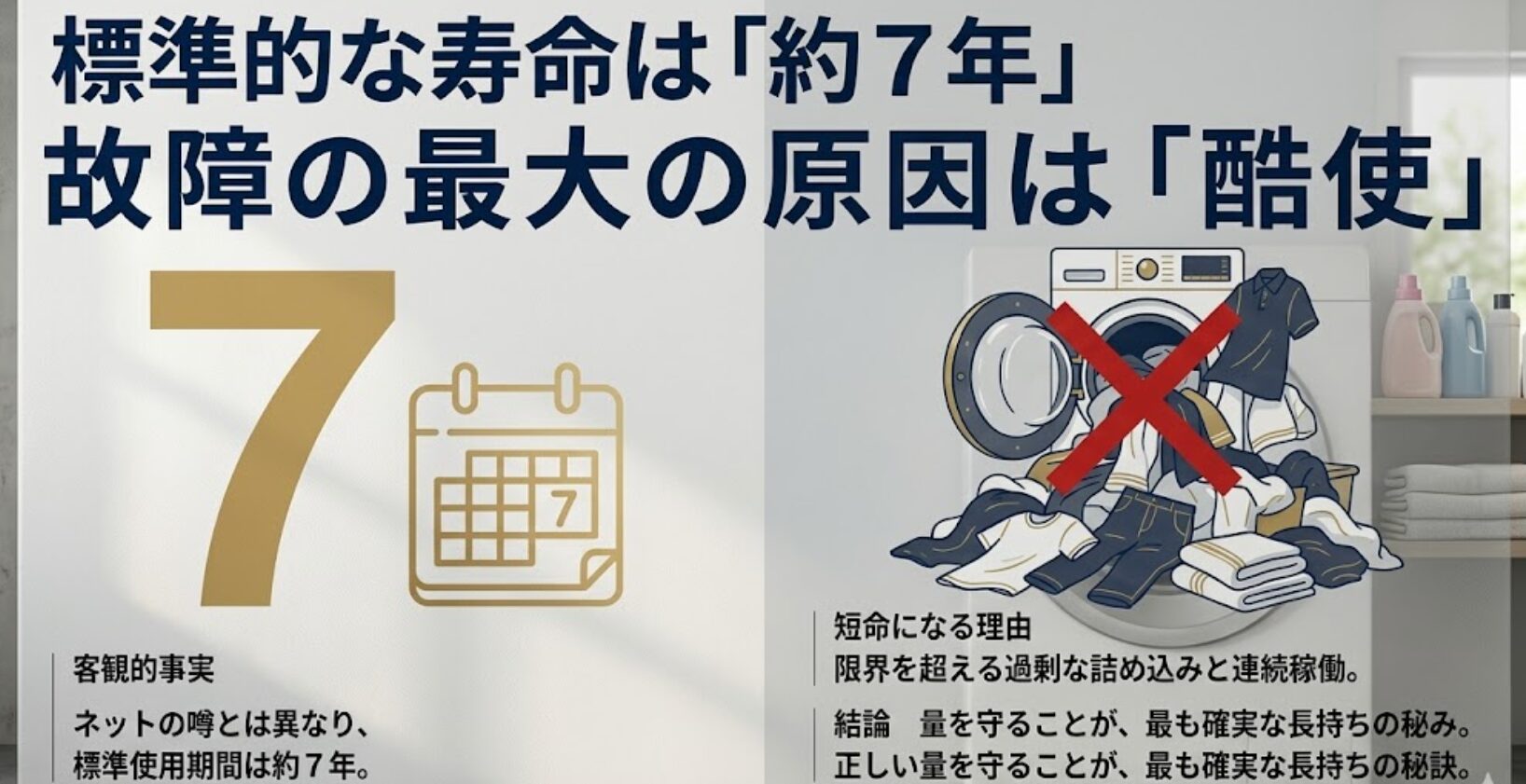 洗濯機の寿命7年を示すカレンダーと、衣類の詰め込みすぎによる故障リスクの図解