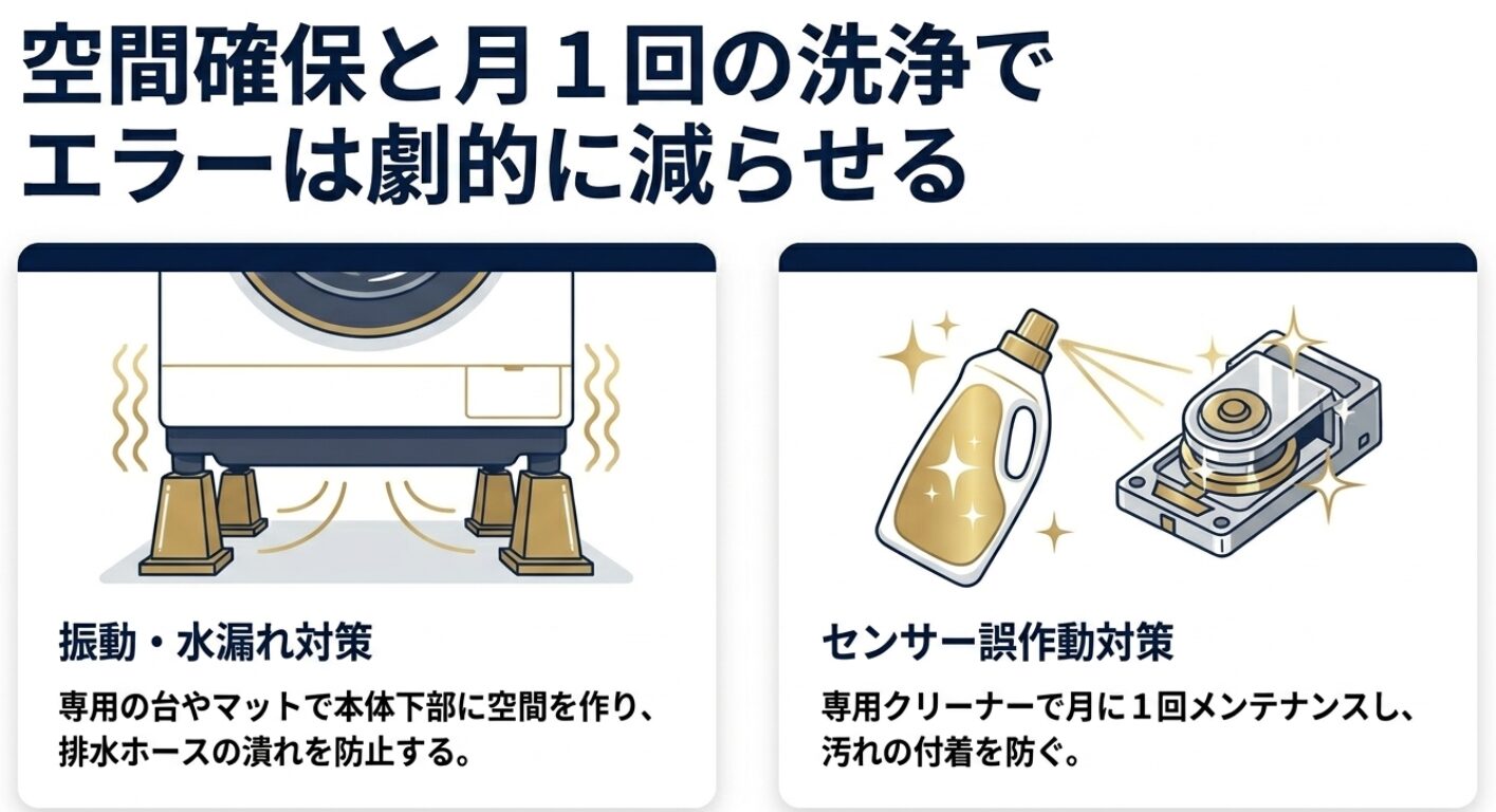 かさ上げ台による振動・水漏れ対策と、専用クリーナーを使った月1回の洗浄メンテナンスの図解