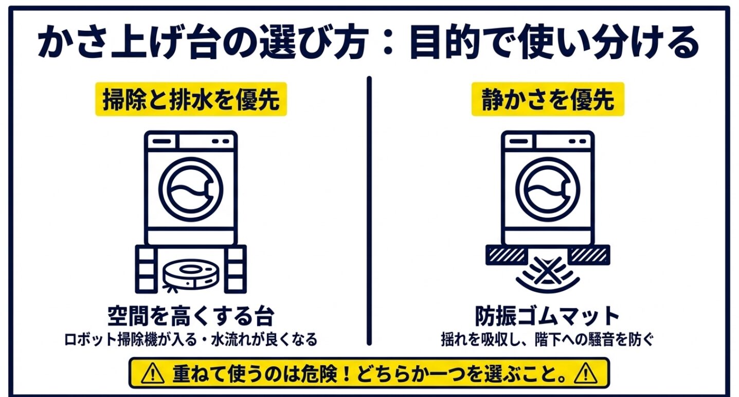 掃除しやすさを優先するか静かさを優先するかによる台の選び方と、併用禁止の注意喚起。