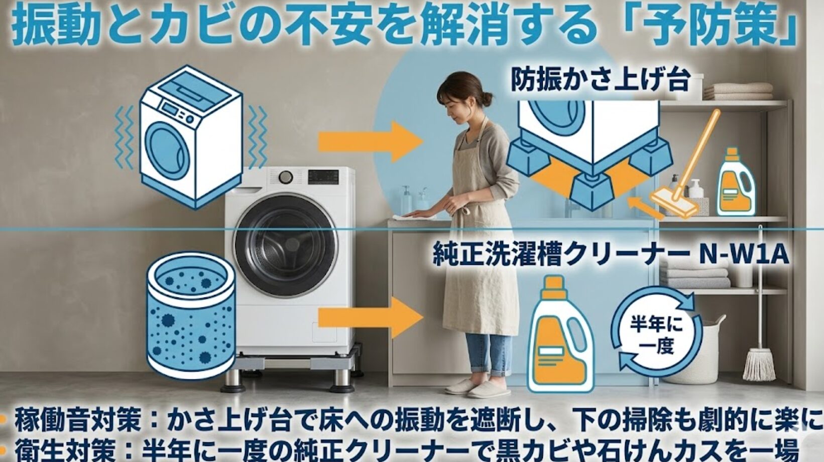 防振かさ上げ台による振動抑制と、純正洗濯槽クリーナーを用いた半年に一度のメンテナンスの重要性を示す図解。