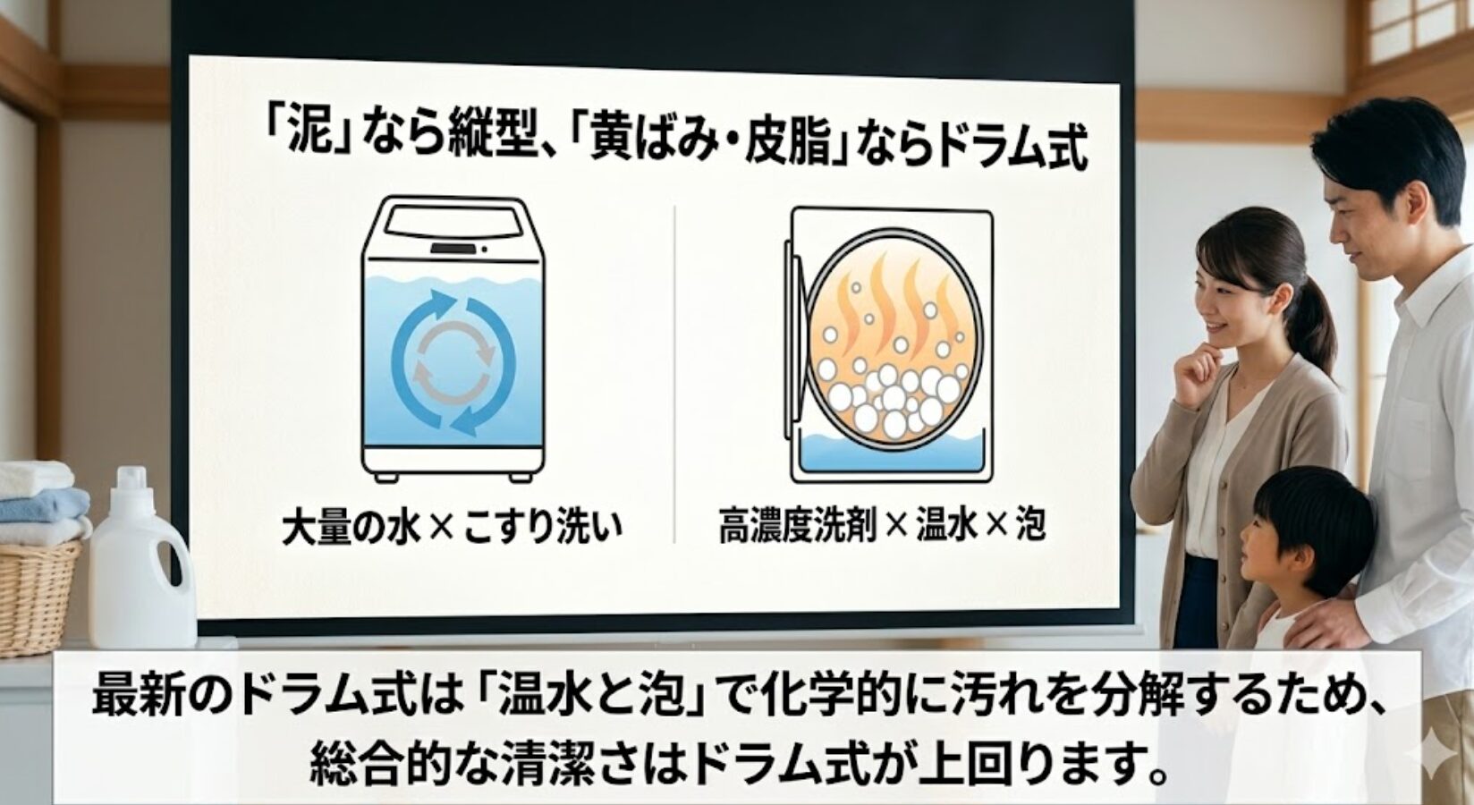 縦型は泥汚れに強く、ドラム式は温水と泡の力で皮脂や黄ばみ汚れに強いことを説明する画像。