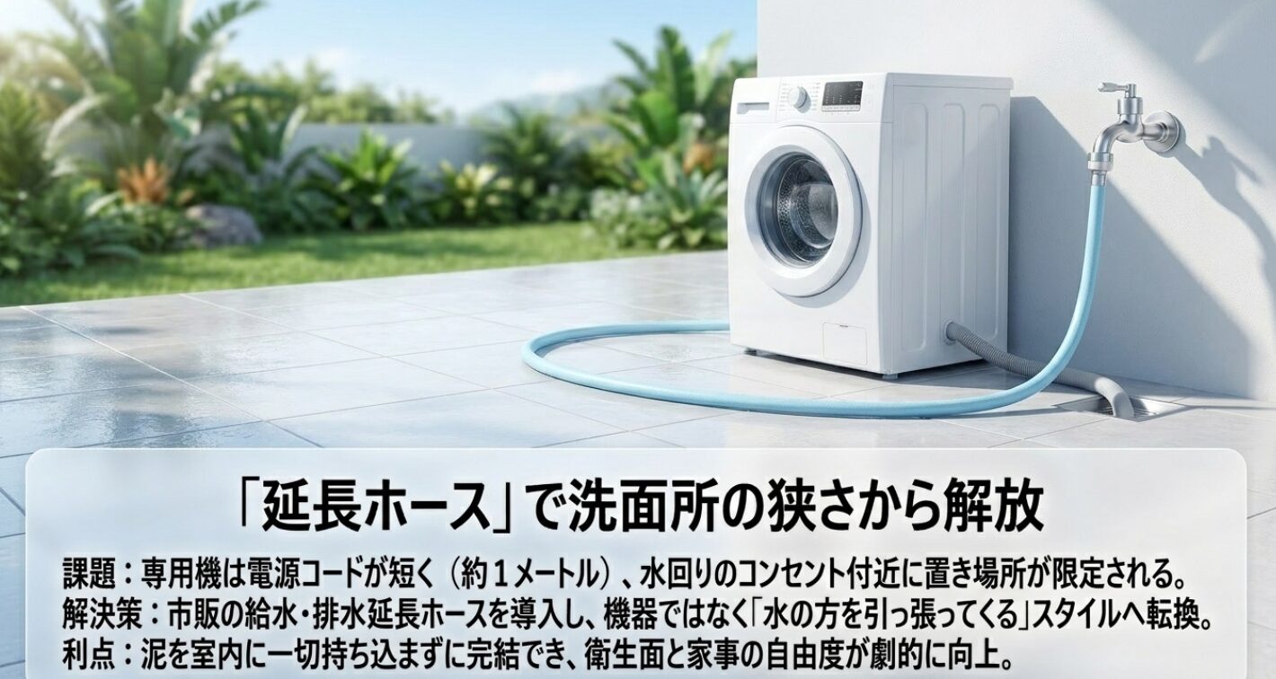 長い延長ホースを使用して、コンセントや排水口から離れた場所でも稼働させる方法です。