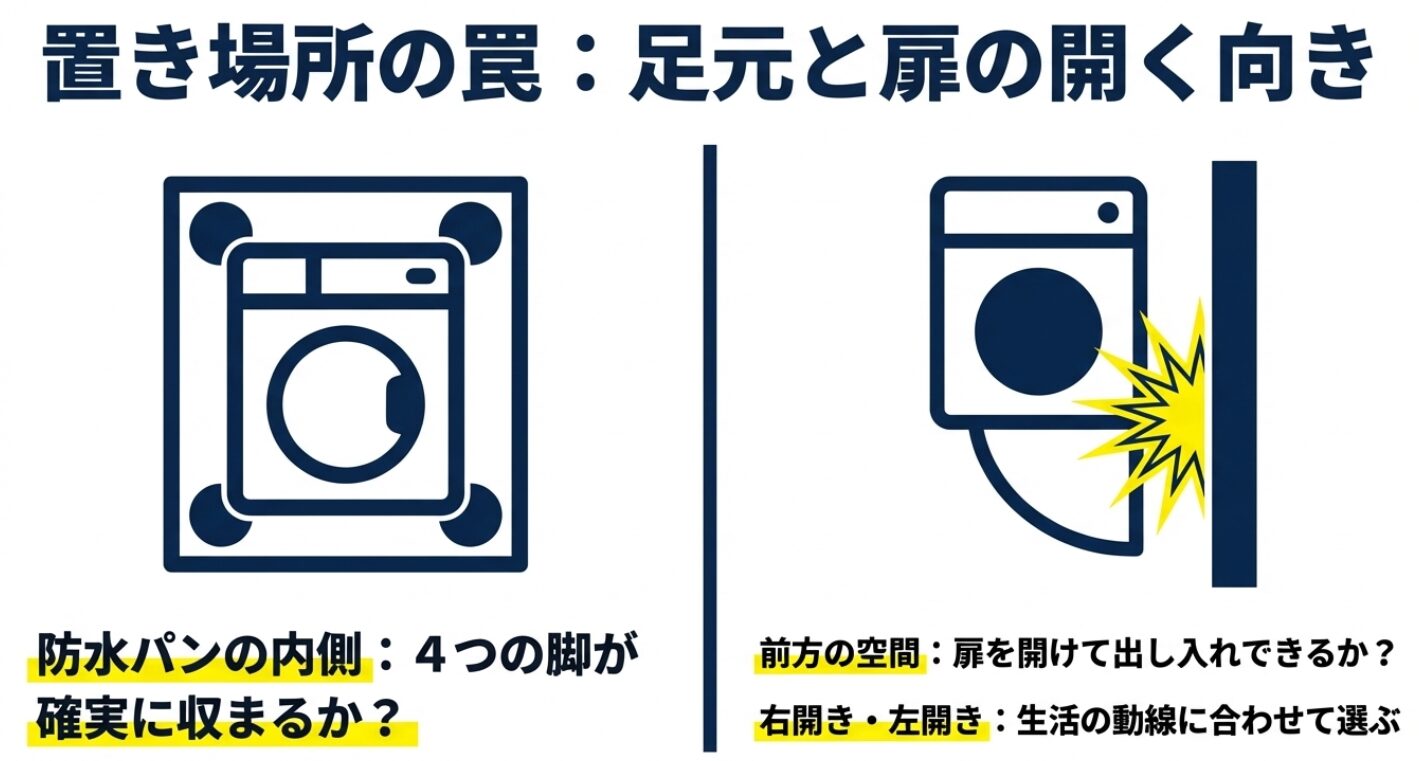 洗濯機の脚が防水パンに収まるか、扉を開けた際に前方の空間を確保できるかを示す図解。