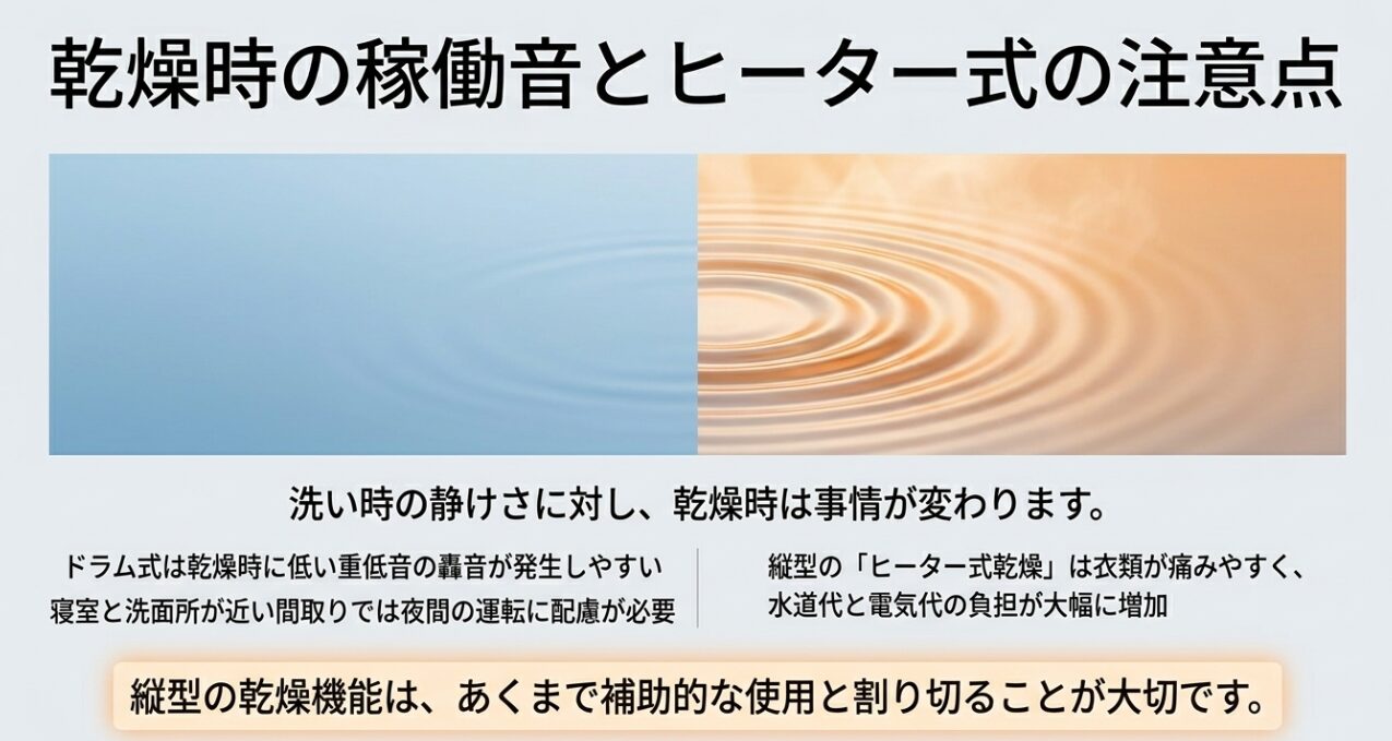乾燥時の稼働音とヒーター式の注意点に関するスライド。ドラム式は低い重低音の轟音が発生しやすく夜間の運転に配慮が必要なこと、縦型のヒーター式乾燥は衣類が傷みやすく水道代と電気代の負担が増加するため、補助的な使用と割り切ることが大切だと説明しています。