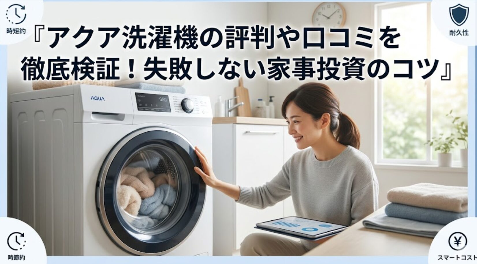 明るく清潔な和風の洗面所に立つ日本人の女性（30代）。彼女は最新のアクア洗濯機「まっ直ぐドラム」に笑顔で手を触れており、ドラム内ではふんわりとした衣服が洗われている。隣のカウンターには、調査と信頼性を表すグラフが表示されたタブレットがある。タイトルテキストが画面上部に大きく配置されている。全体に効率的で高品質な『家事投資』の満足感と専門知識を伝えるデザイン。