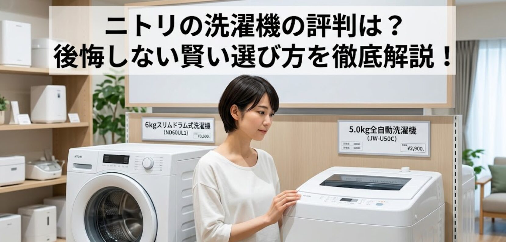 ニトリの洗濯機購入を検討する日本人女性。ドラム式と縦型洗濯機が並び、背景には「ニトリの洗濯機の評判は？後悔しない賢い選び方を徹底解説！」というタイトルが表示されている。