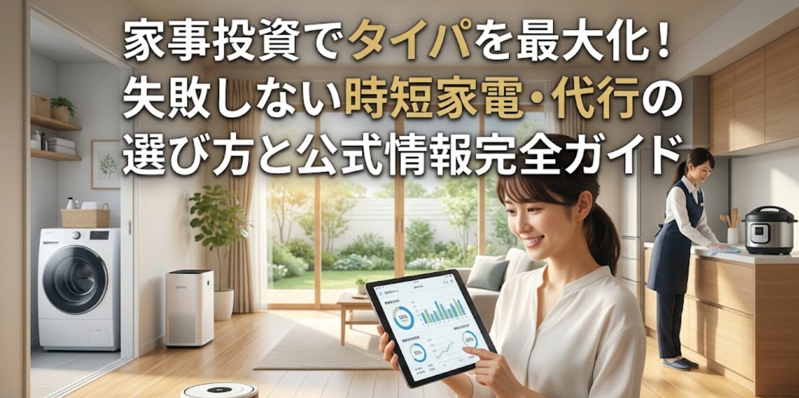 「家事投資でタイパを最大化！失敗しない時短家電・代行の選び方と公式情報完全ガイド」が書かれた、リビングでドラム式洗濯機、ロボット掃除機、調理家電を活用する日本人女性のイラスト。女性は笑顔でタブレット端末を見ており、背景には明るく清潔なキッチンとリビングが広がっている。16:9のアスペクト比。