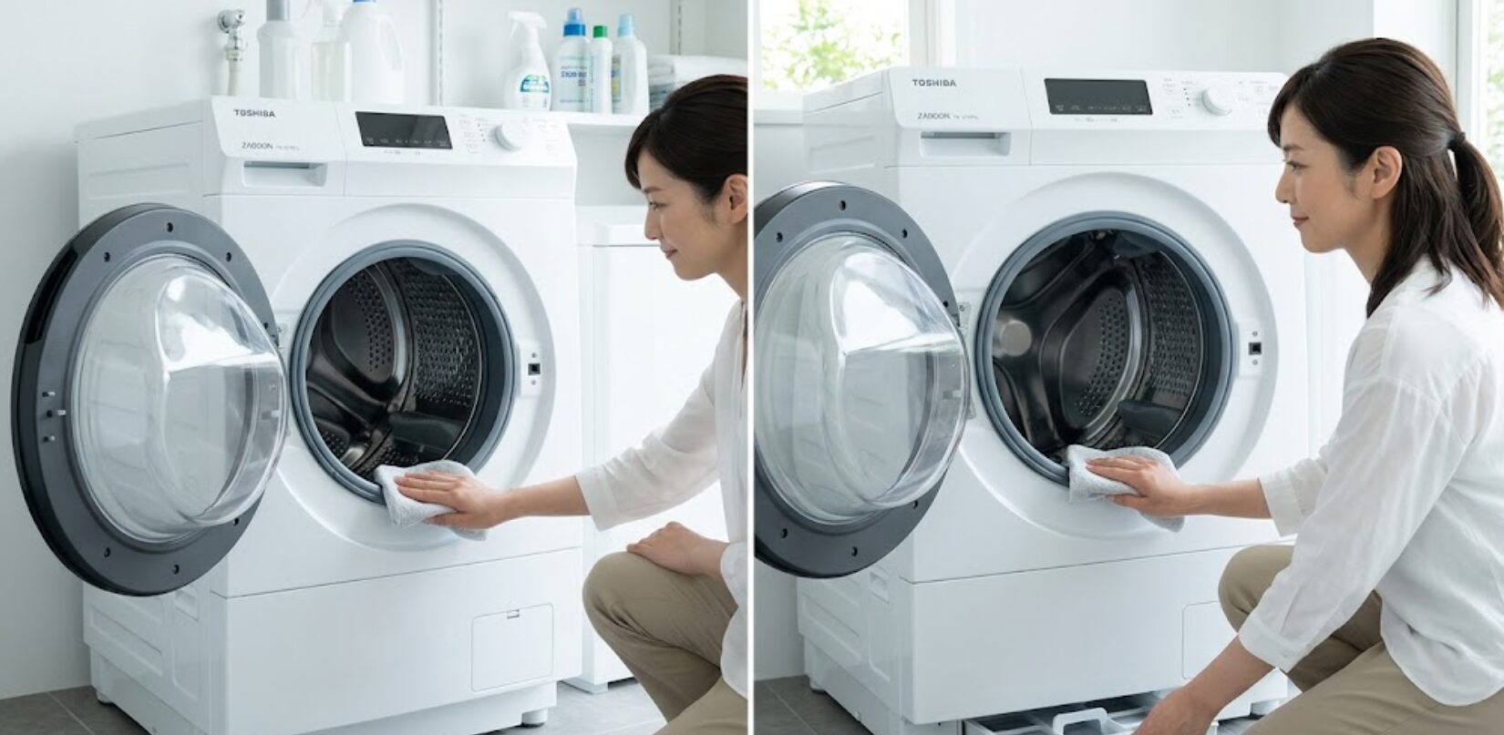 東芝のドラム式洗濯乾燥機 ZABOON TW-127XP5Lの乾燥フィルターや糸くずフィルターを、日本の女性が明るいランドリールームで簡単にお手入れしており、自動お掃除機能（バブルdeメンテ）と合わせて機器の寿命を延ばす工夫を実践している。