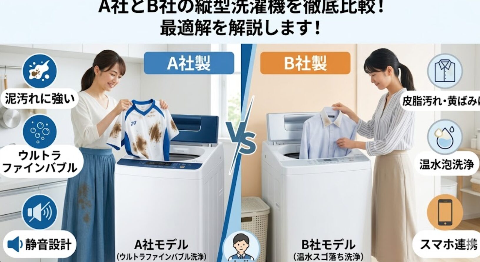 東芝「ZABOON」とパナソニックの縦型洗濯機を比較するインフォグラフィック。左側は泥汚れを落とす東芝、右側は温水泡洗浄で皮脂汚れを落とすパナソニックを紹介。