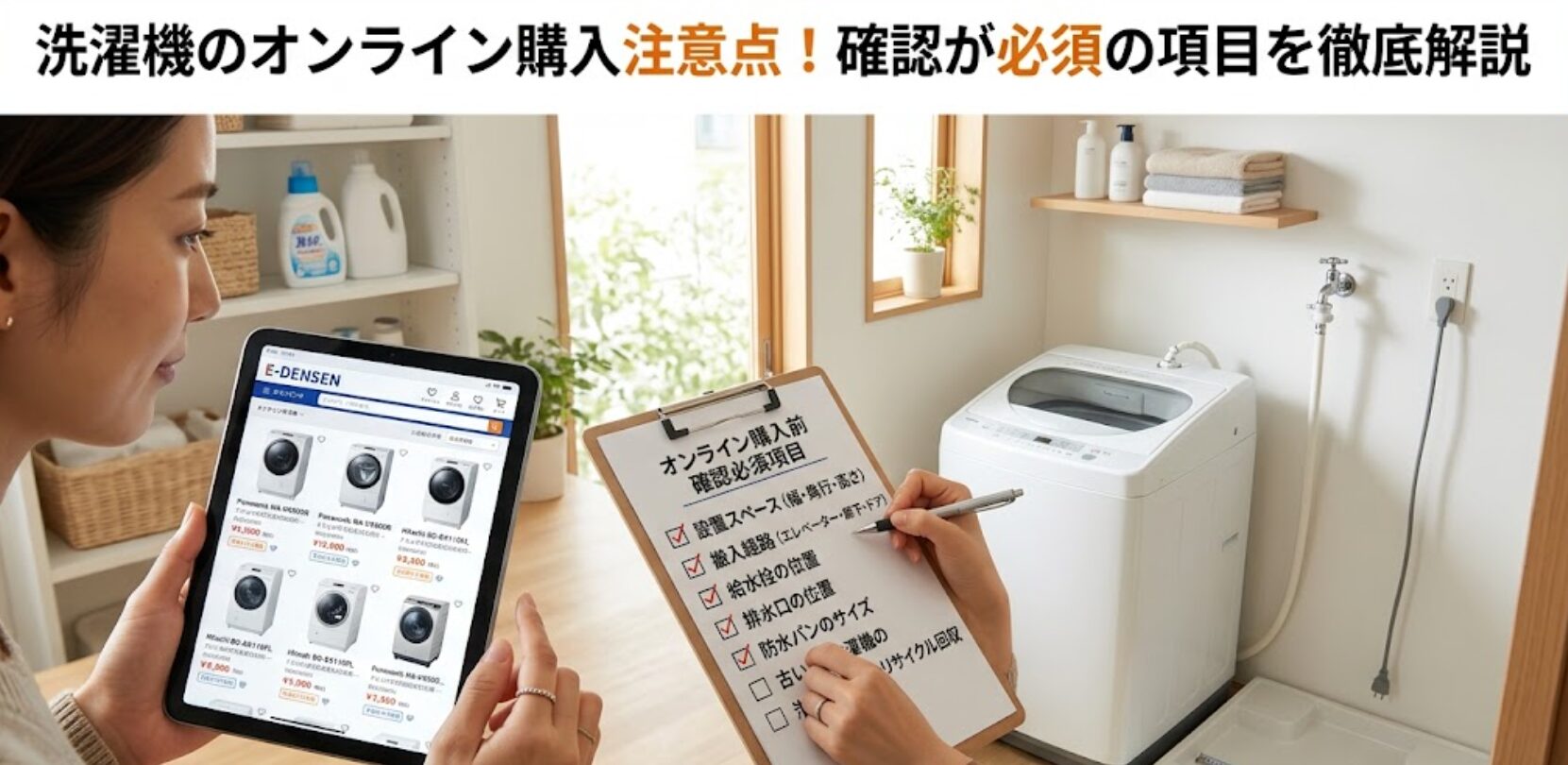 オンラインで洗濯機を選びながら、手元のチェックリストで設置条件を確認する日本人女性。画像上部に『洗濯機のオンライン購入注意点！確認が必須の項目を徹底解説』のタイトルが含まれた画像