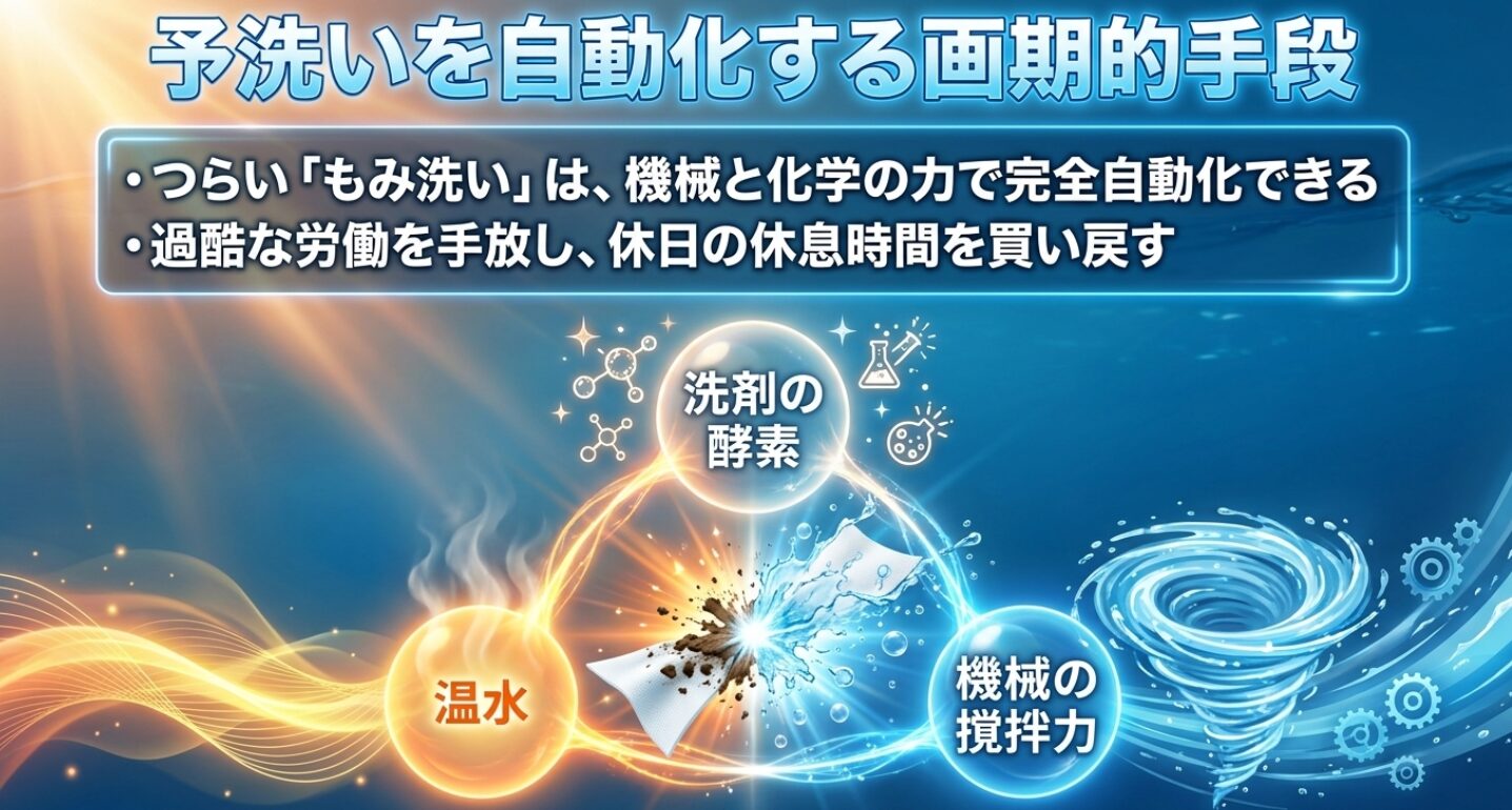 つらいもみ洗いを洗剤の酵素、温水、機械の撹拌力という機械と化学の力で完全自動化し、過酷な労働を手放して休日の休息時間を買い戻すことを提案する図。