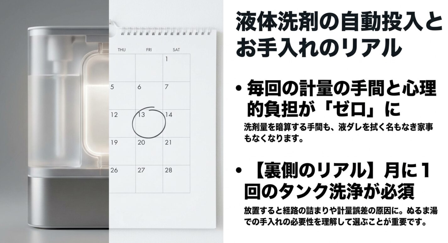 自動投入機能による計量の手間削減についての解説スライドです。家事時間の短縮と洗剤の使いすぎ防止について説明しています。