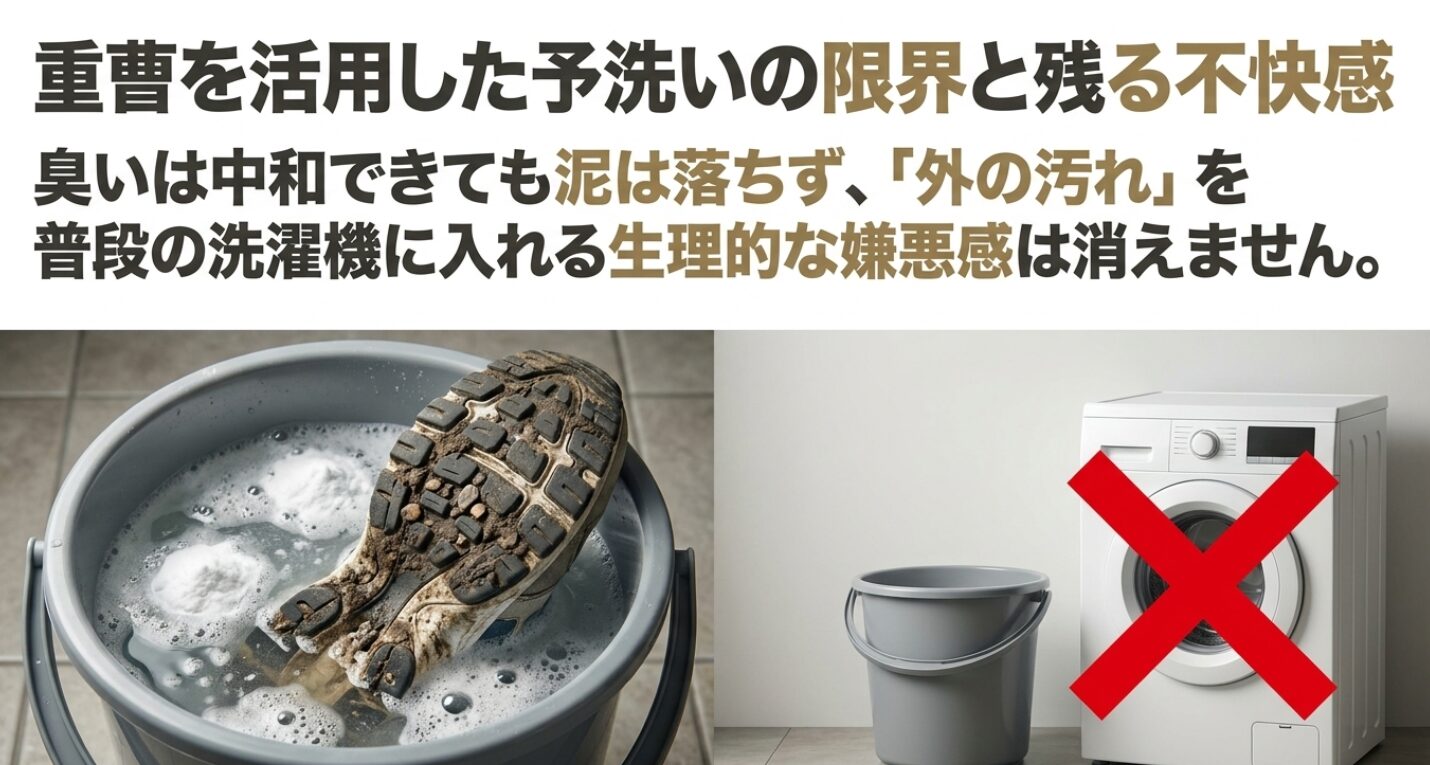 バケツで泥のついた靴を重曹に浸け置きする様子と衣類用洗濯機への投入禁止マーク