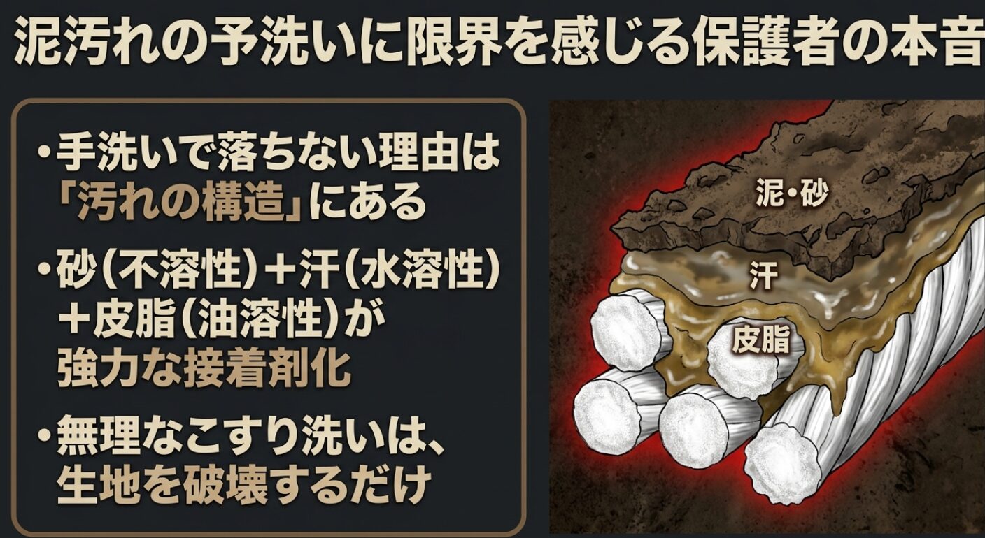 手洗いで落ちない理由は汚れの構造にあり、砂の不溶性と汗の水溶性に皮脂の油溶性が加わることで強力な接着剤化すること、および無理なこすり洗いは生地を破壊するだけであることを説明する図。