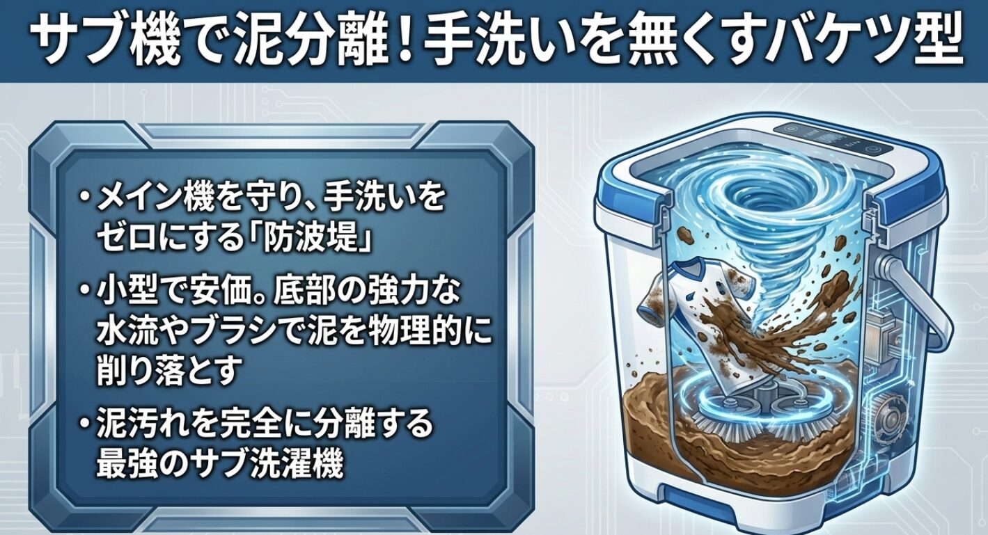 メイン機を守り手洗いをゼロにする防波堤となり、小型で安価でありながら底部の強力な水流やブラシで泥を物理的に削り落として完全に分離する最強のサブ洗濯機の解説。