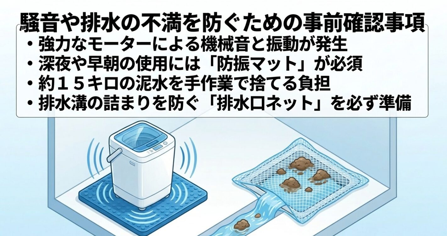 機械音への対策として防振マットを敷き、排水溝の詰まりを防ぐネットを準備する解説