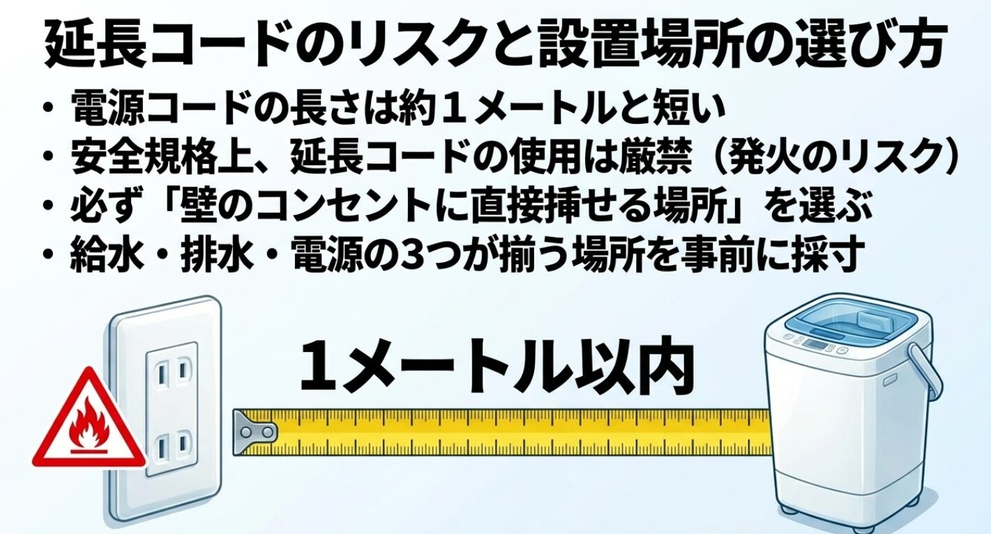 延長コードによる発火リスクを避け、壁のコンセントに直接挿せる場所を選ぶ図解