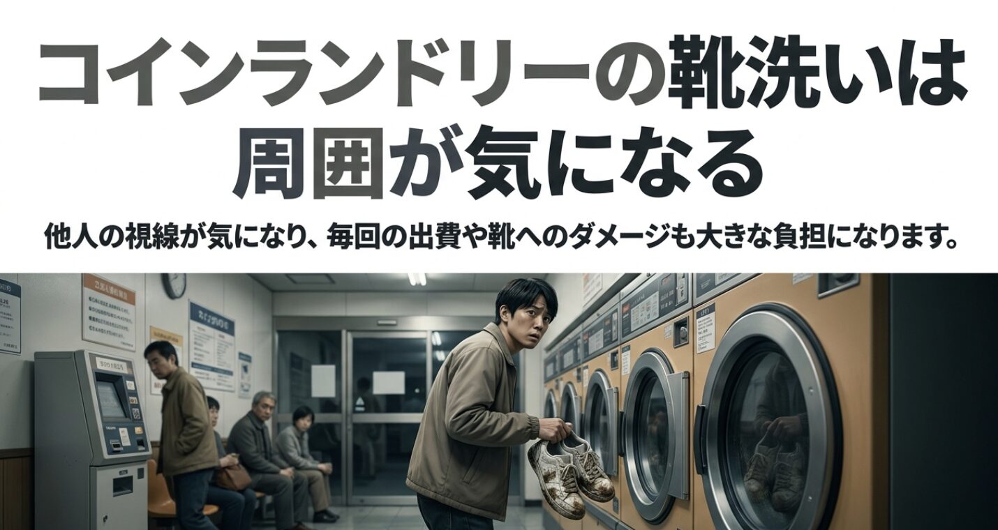コインランドリーで周囲の視線を気にしながら汚れた靴を洗濯機に入れようとする男性の様子