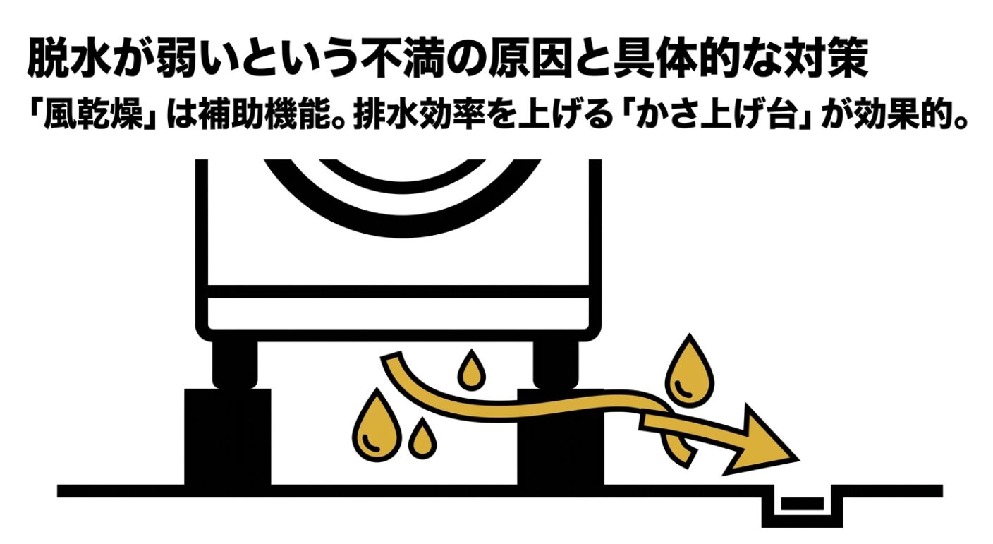 本体下に空間を作るかさ上げ台がスムーズな排水を助ける仕組みを説明する図になります。
