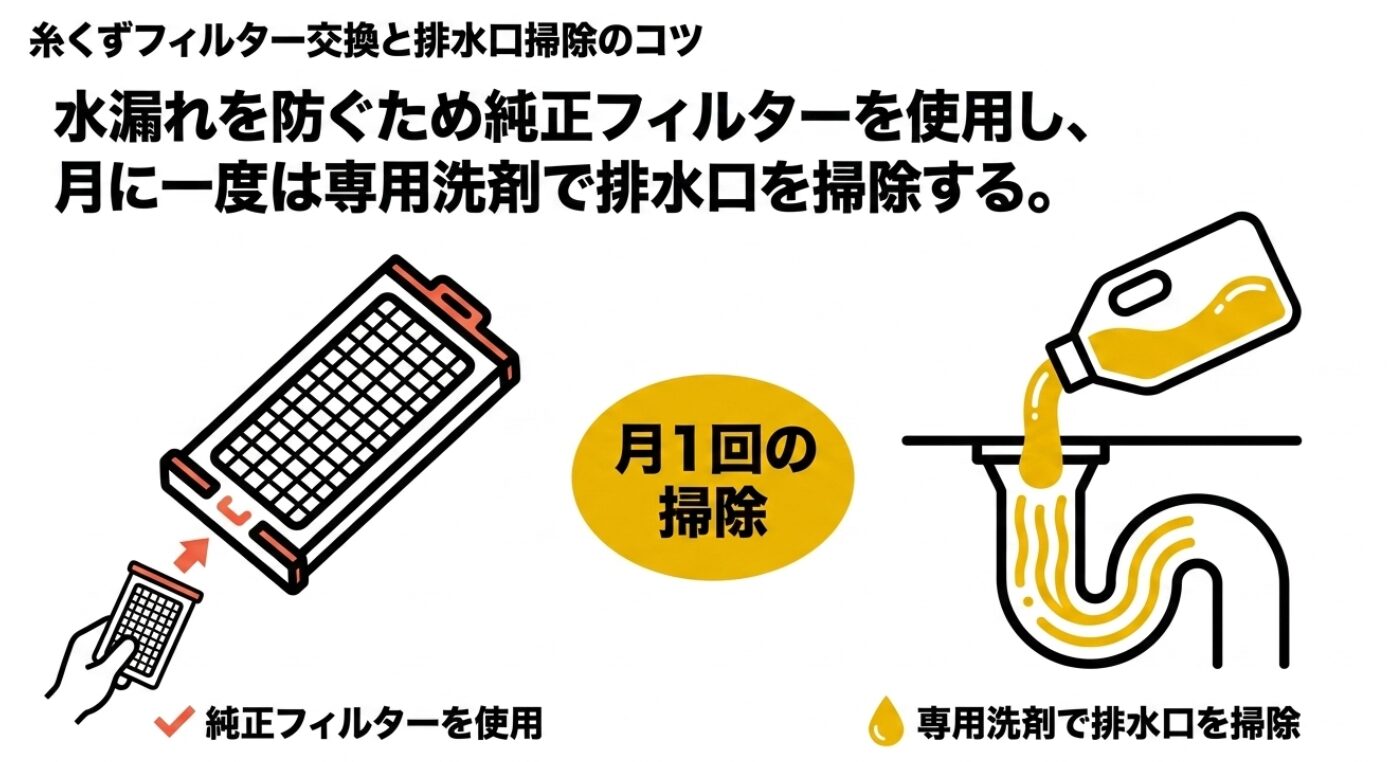 純正フィルターの使用と月に一度の排水口掃除で水漏れを防ぐポイントを解説した画像とされます。
