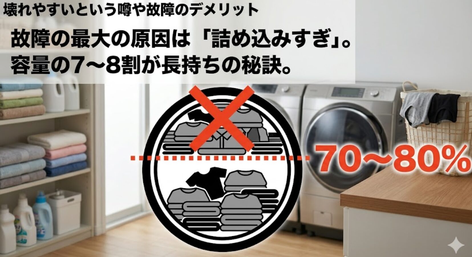 洗濯槽の7割から8割程度を上限とすることで製品を長持ちさせる秘訣を紹介する資料です。