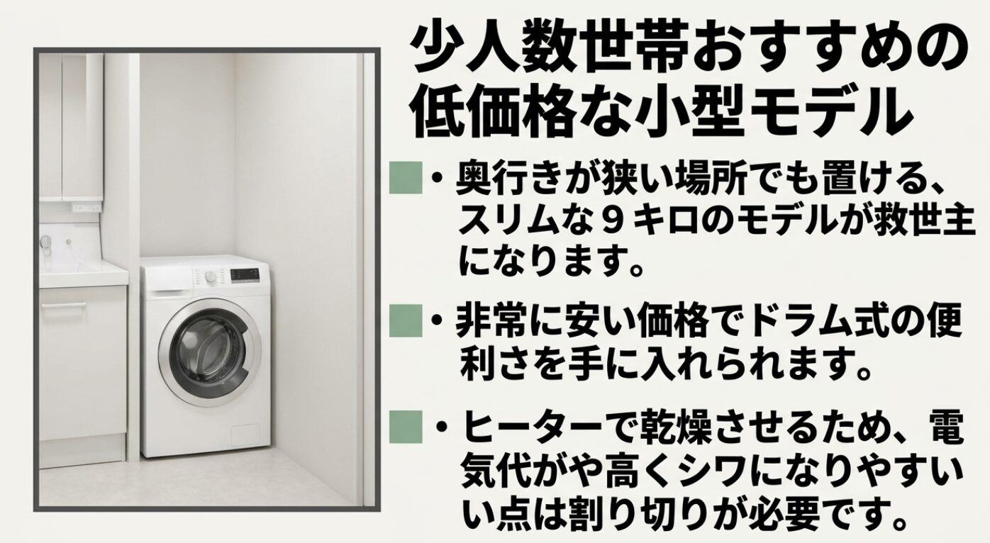 スリムな洗濯機が設置された洗面所の写真です。奥行きが狭い場所でも置ける利便性と、ヒーター乾燥特有の電気代やシワに関する注意点をまとめています。