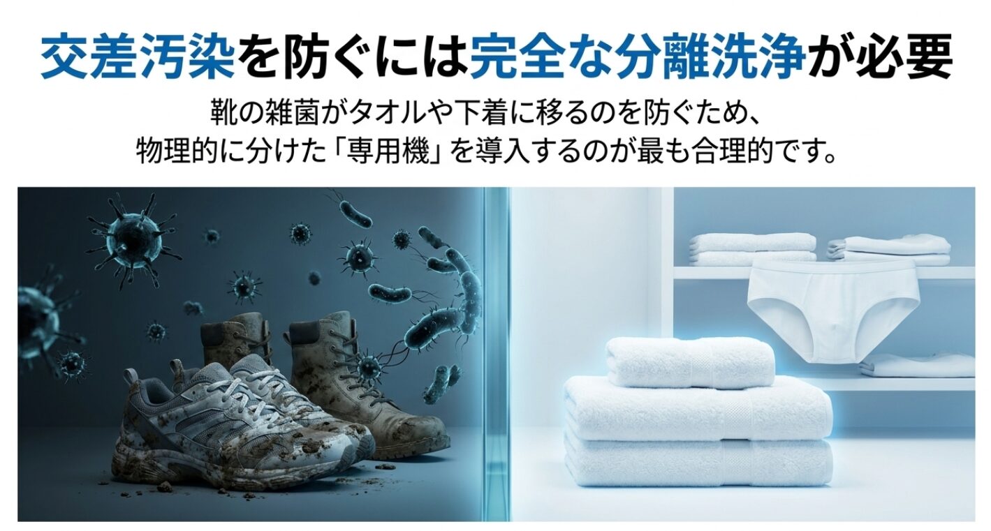 雑菌が付着した汚れた靴と清潔な白いタオルや下着が物理的に仕切られているイメージ