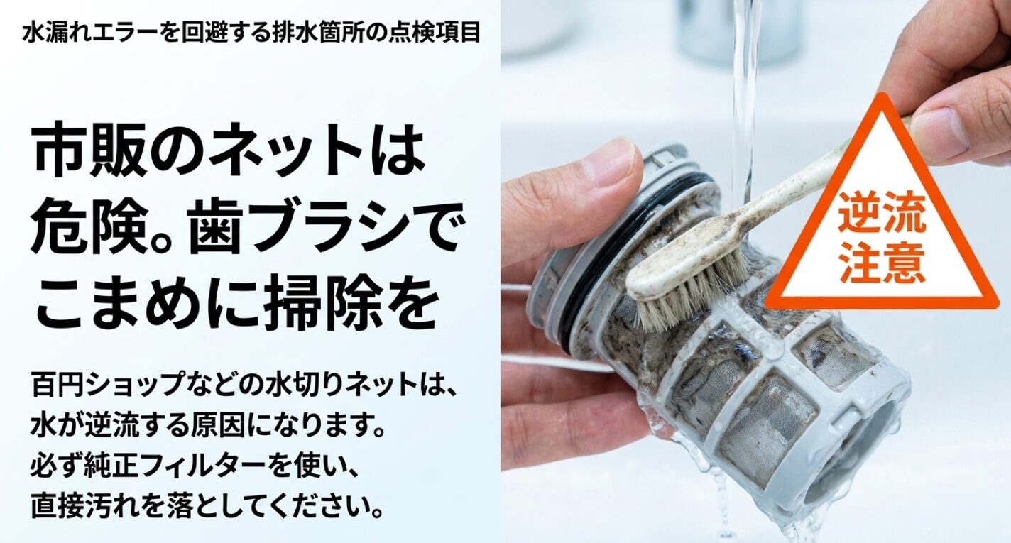 市販の水切りネット使用の危険性と、歯ブラシによる純正フィルター清掃を推奨する注意喚起スライド。