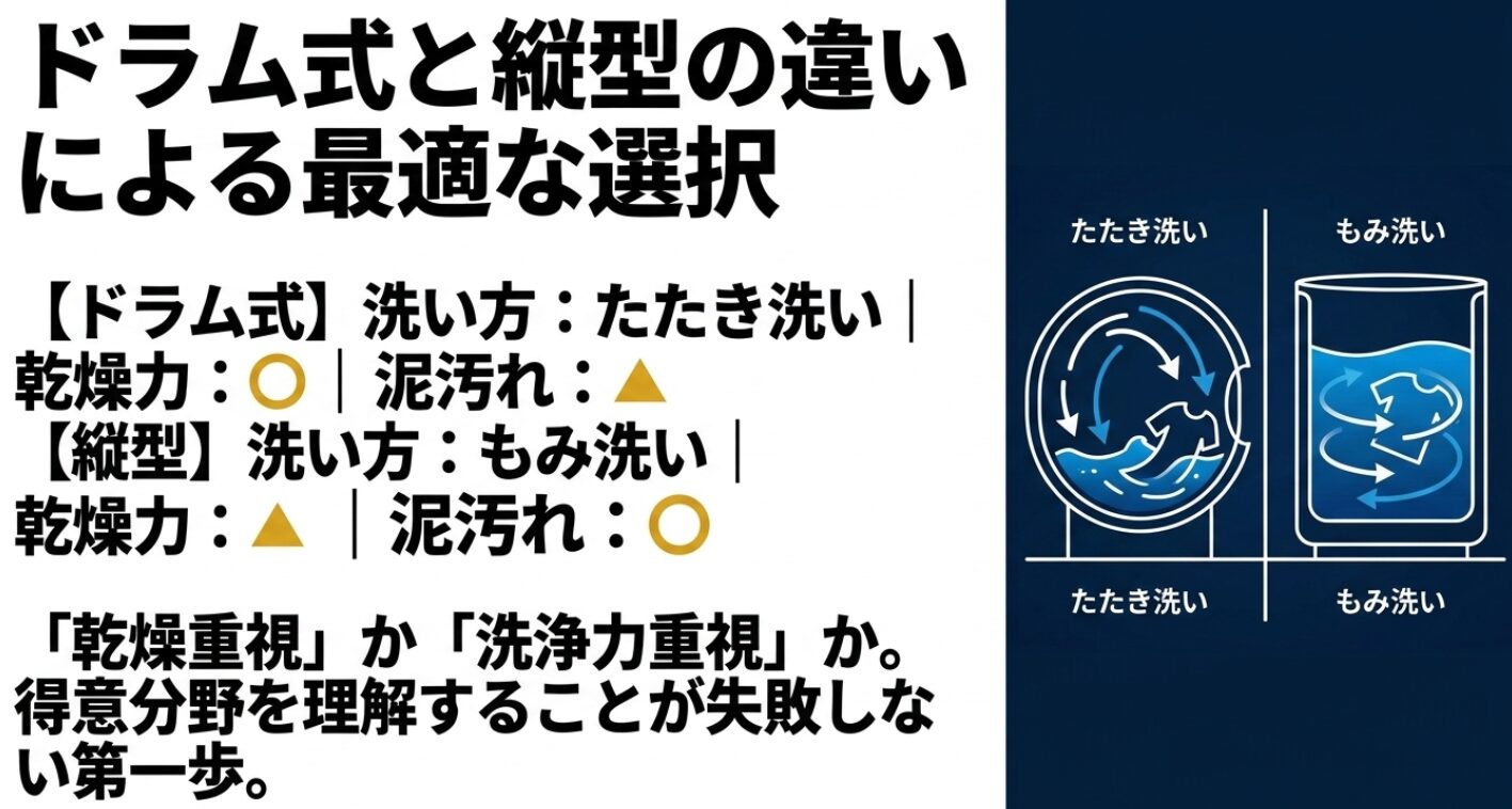 ドラム式のたたみ洗いと縦型のもみ洗いの違いを比較し、乾燥重視か洗浄力重視かの選び方をまとめたスライドです。