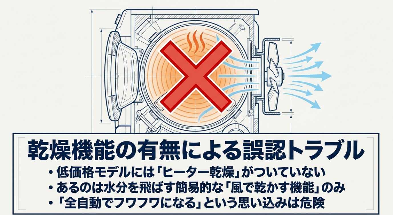 洗濯機内部のヒーター乾燥機能の図の上に、大きな赤いバツ印が重ねられたイラストです 。低価格モデルにはヒーター乾燥がついておらず、水分を飛ばす簡易的な風で乾かす機能のみであるため、全自動でフワフワになるという思い込みは危険であると警告しています 。