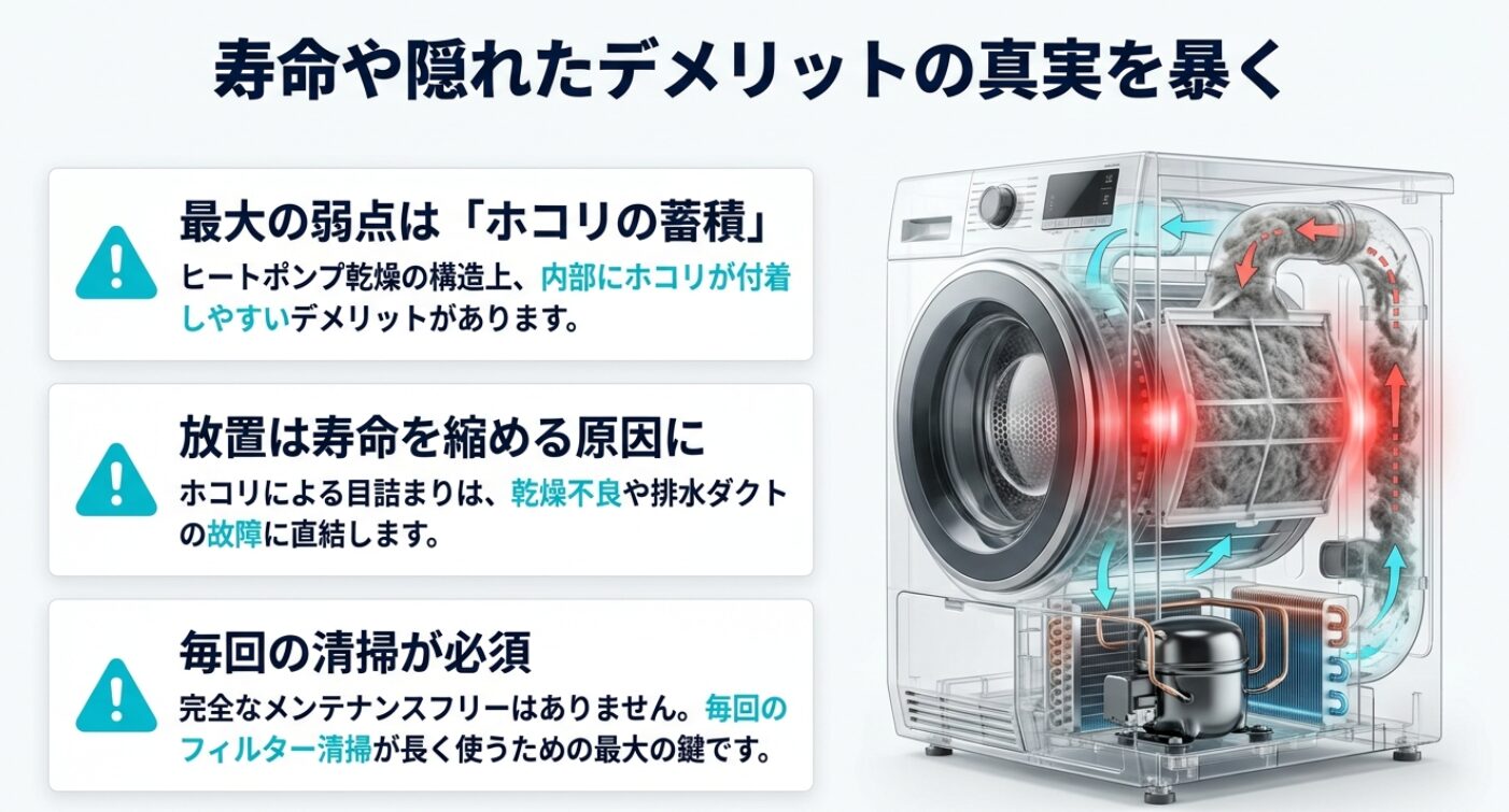 ヒートポンプ乾燥のホコリ蓄積リスクと、寿命を延ばすためのフィルター清掃の重要性を示した構造解説スライド。