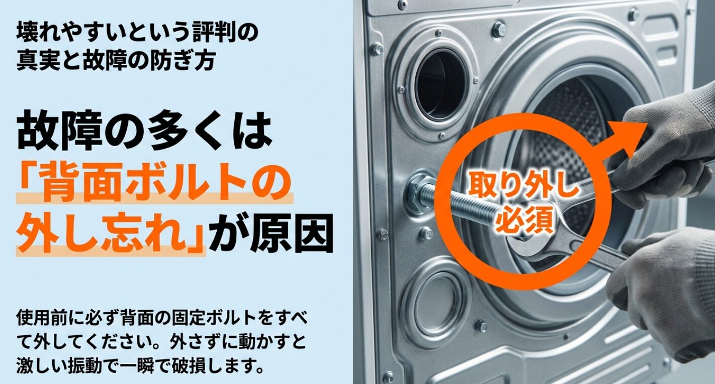 洗濯機の背面にある輸送用固定ボルトを取り外す様子のイラスト。外し忘れが故障の原因になることを警告しています。