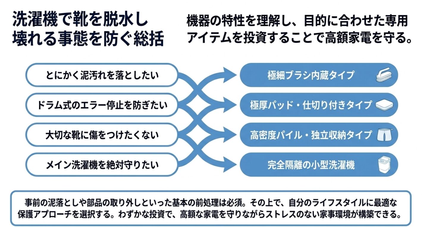 事前の泥落としなどの前処理を前提に、目的や悩みに合わせて極細ブラシ型、極厚パッド型、独立収納型、小型洗濯機を使い分けるポイントの総括図になります。