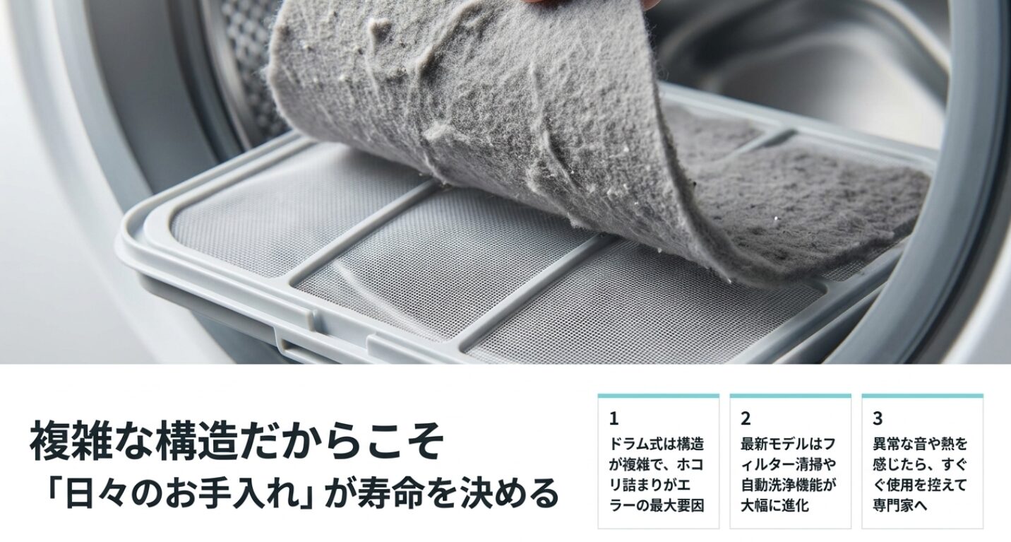 洗濯機の寿命を延ばすためのお手入れ。構造が複雑なドラム式において、ホコリ詰まりがエラーの大きな要因になることや、最新モデルの進化について解説しています 。