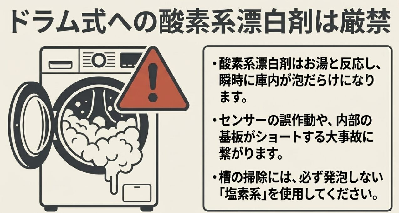 ドラム式洗濯機のドアから大量の泡が溢れ出ている様子と、故障や事故に繋がるため酸素系漂白剤の使用が厳禁であることを示す警告イラスト 。
