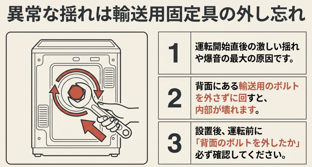 ドラム式洗濯機の背面にある輸送用ボルトをレンチで取り外す手順と、外し忘れた場合の内部破損への注意を促すイラスト 。