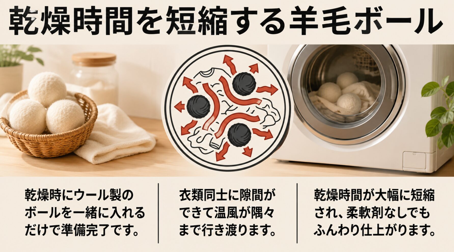 洗濯乾燥機の中でウール製のドライヤーボールが衣類の間に隙間を作り、温風を行き渡らせて乾燥時間を短縮する仕組みのイラスト 。